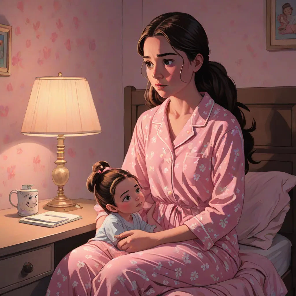 a woman in pajamas sitting on a bed with a child in her lap and a lamp on the side table, storybook illustration, figurative art, a storybook illustration, F Scott Hess