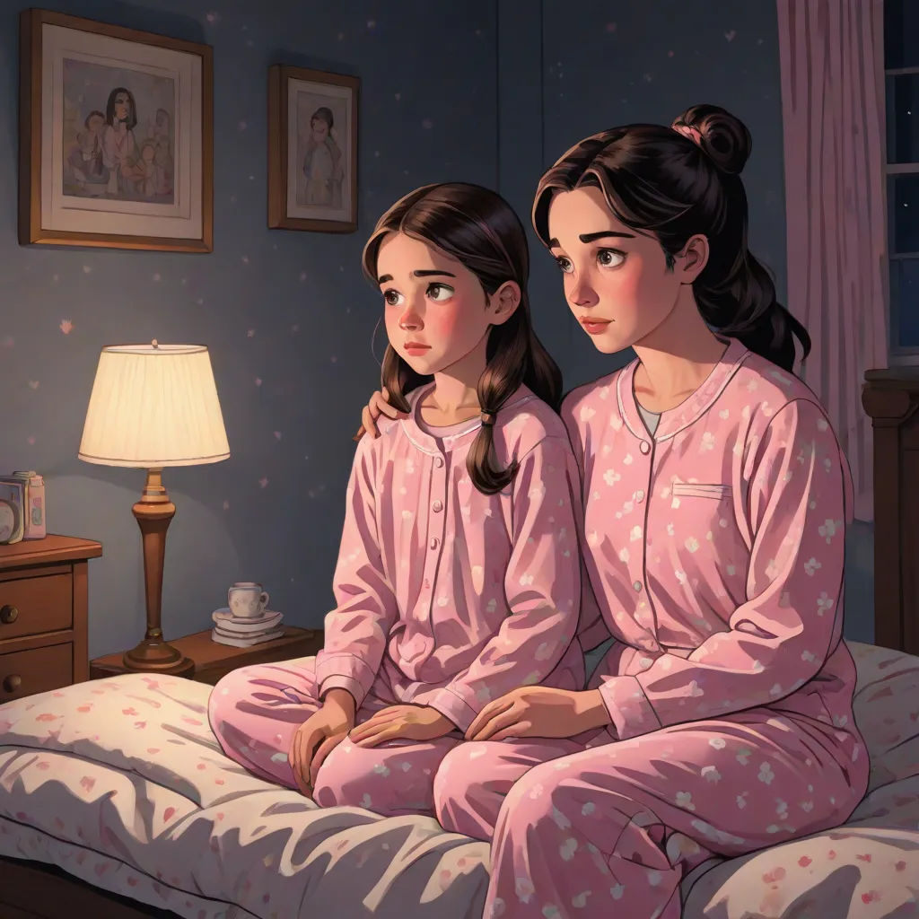 two girls in pink pajamas sitting on a bed in a bedroom with a lamp on the side of the bed, trending on art station, american scene painting, a storybook illustration, Brothers Hildebrandt