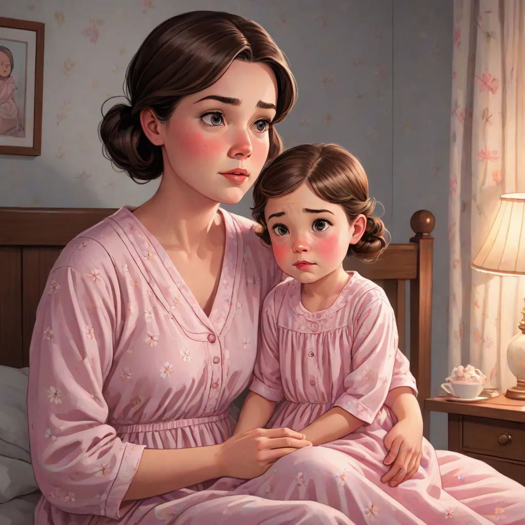 a painting of a mother and daughter sitting on a bed together, with a lamp on the side table, storybook illustration, photorealism, a storybook illustration, Caroline Lucy Scott