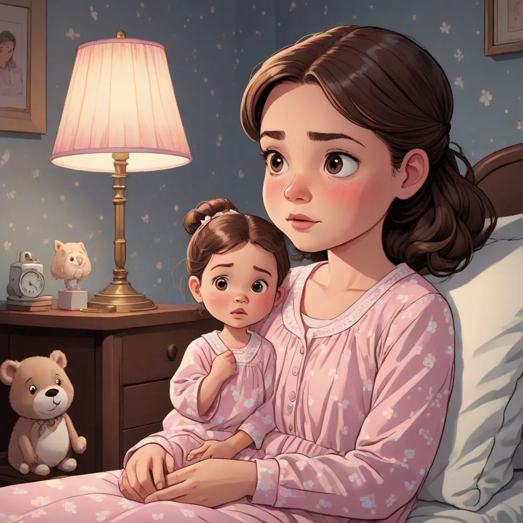 a woman and a child are sitting in a bed together, with a teddy bear on the nightstand behind them, storybook illustration, photorealism, a storybook illustration, disney