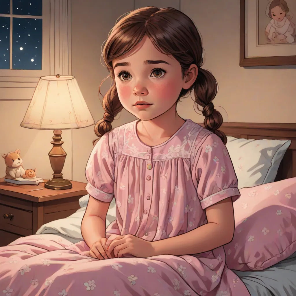a little girl sitting on a bed in a pink dress with a teddy bear on the nightstand next to her, storybook illustration, photorealism, a storybook illustration, Bob Byerley