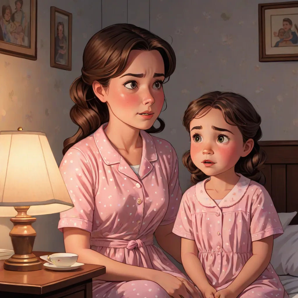 a woman and a child sitting on a bed in a room with a lamp on the side table and a picture on the wall, storybook illustration, american scene painting, a storybook illustration, disney