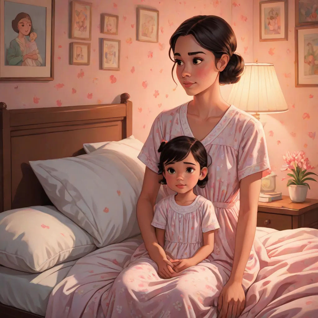 a woman and a child sitting on a bed in a bedroom with pink walls and a pink flowered wallpaper, kinkade, american scene painting, a storybook illustration, Evgeny Lushpin