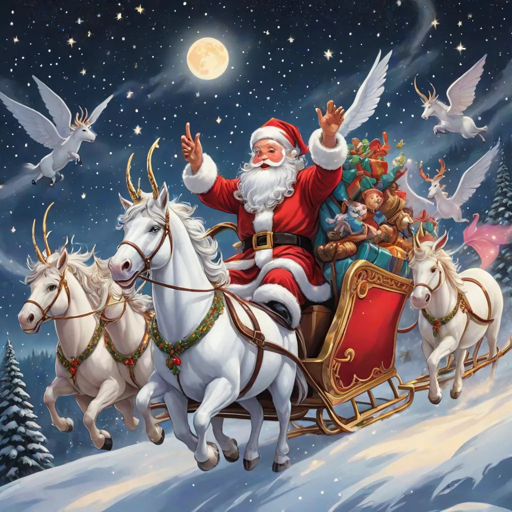 Santa sat in his sleigh, his heart filled with joy. The unicorns flew gracefully, their wings flapping rhythmically. They soared over the snowy landscape, a sight to behold.