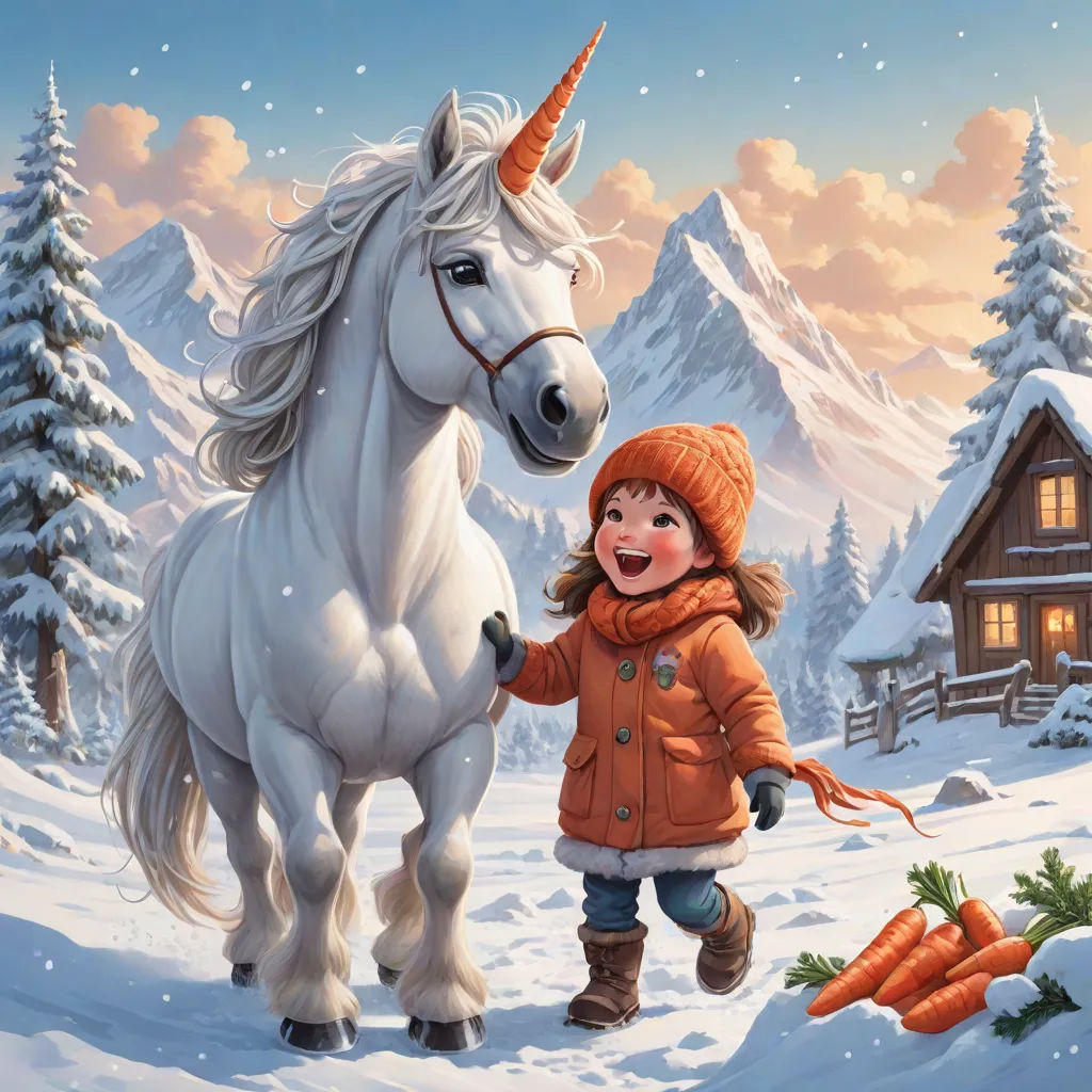 a girl is standing next to a white horse in the snow with a bunch of carrots in front of her, a storybook illustration, Cyril Rolando, fantasy art, storybook illustration