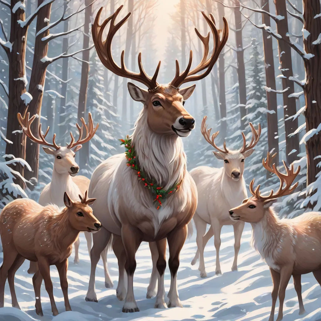 a painting of a deer family in the snow with their young ones looking on from the woods with snow on the ground, a digital painting, Chris LaBrooy, naive art, highly detailed digital painting