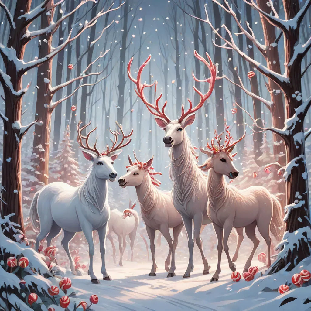 a painting of three white deer in a snowy forest with red berries on the ground and a red ribbon on the antlers, a storybook illustration, Dan Mumford, fantasy art, rossdraws global illumination