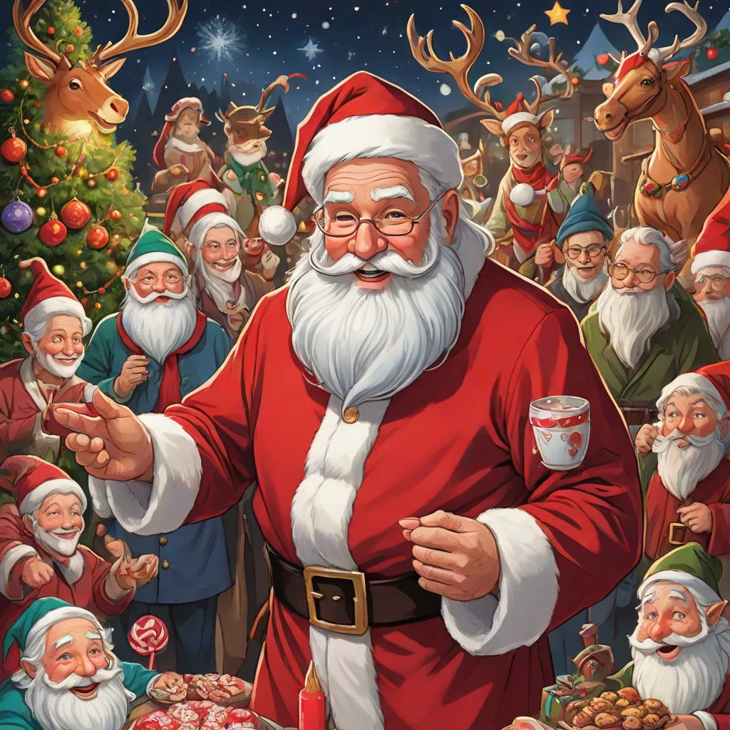After a day full of excitement, it was time for a feast. Santa, the elves, and the unicorns gathered around a long table, filled with Christmas treats.