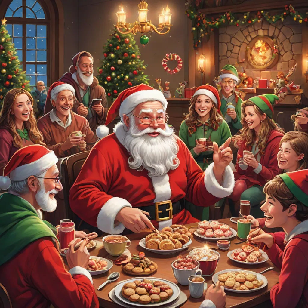 a painting of a santa clause eating at a table with children and adults around him and eating cookies and cookies, a storybook illustration, Ernest William Christmas, american scene painting, official art