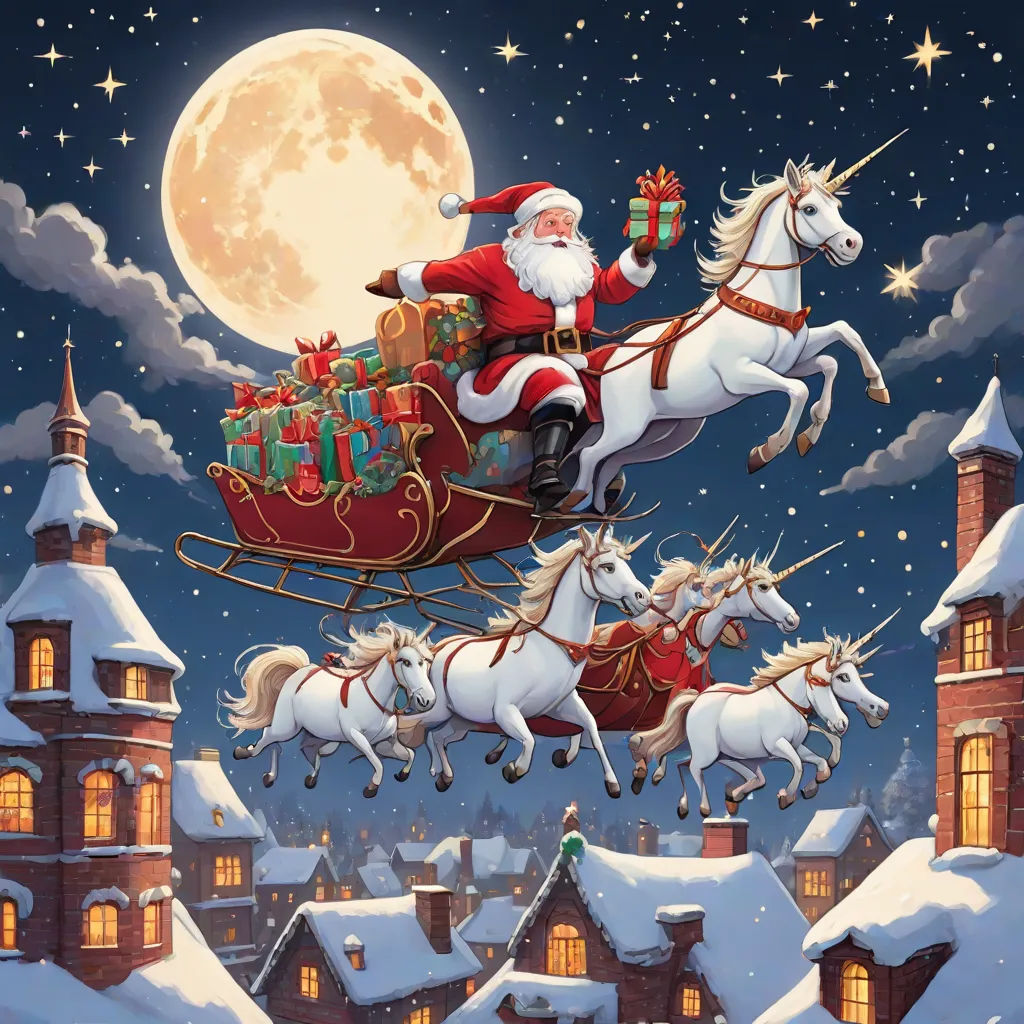 Finally, it was time to deliver the gifts. The unicorns, with Santa in his sleigh, set off into the night. They landed on rooftops and went down chimneys, spreading Christmas joy.