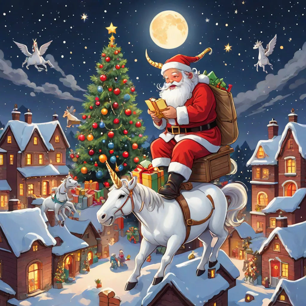 a santa clause riding a white horse in a snowy village with a christmas tree and a christmas tree on the roof, a storybook illustration, Ernest William Christmas, naive art, promotional image
