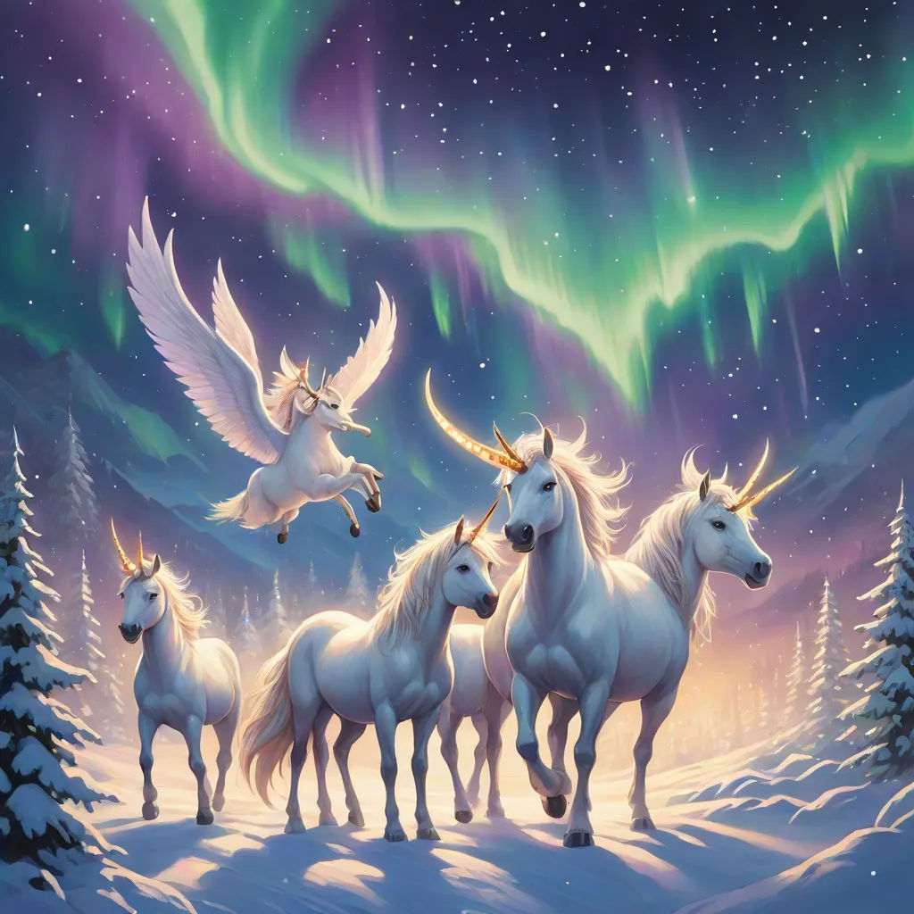 a painting of a group of unicorns in the snow with an aurora bore in the background and a bird flying above, an album cover, Anne Stokes, fantasy art, rossdraws global illumination