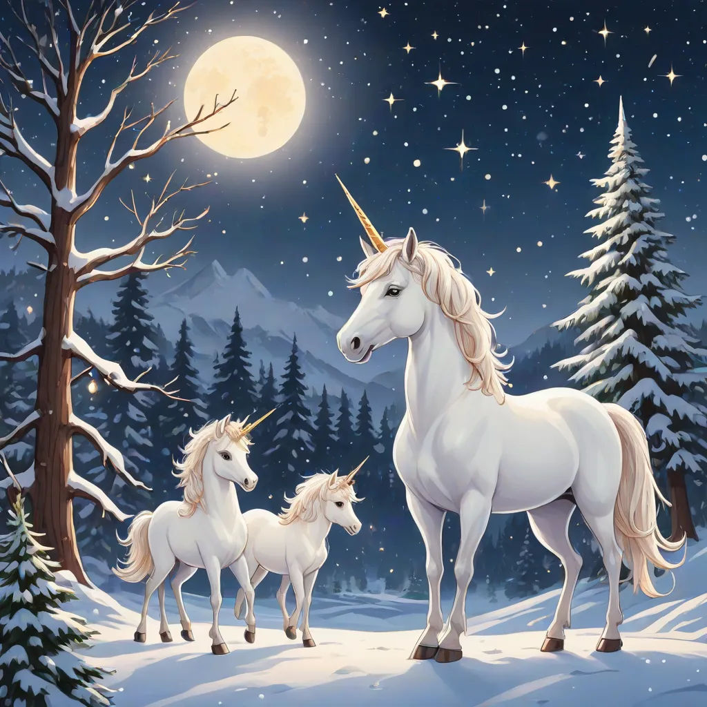 a painting of a unicorn family in the snow with a full moon in the background and trees in the foreground, a storybook illustration, Anne Stokes, fantasy art, fantasy artwork