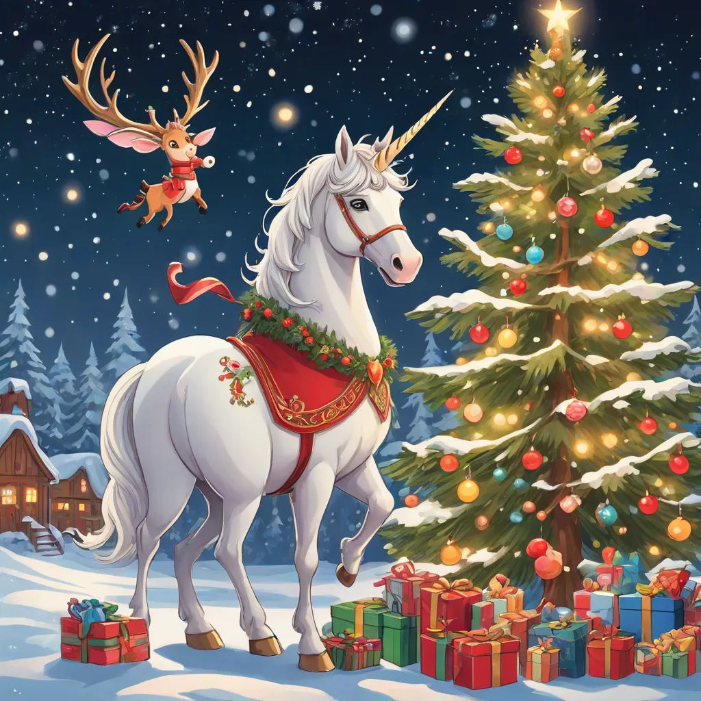 a white horse standing next to a christmas tree with presents under it and a reindeer on the back of it, a storybook illustration, Anne Stokes, magical realism, promotional image