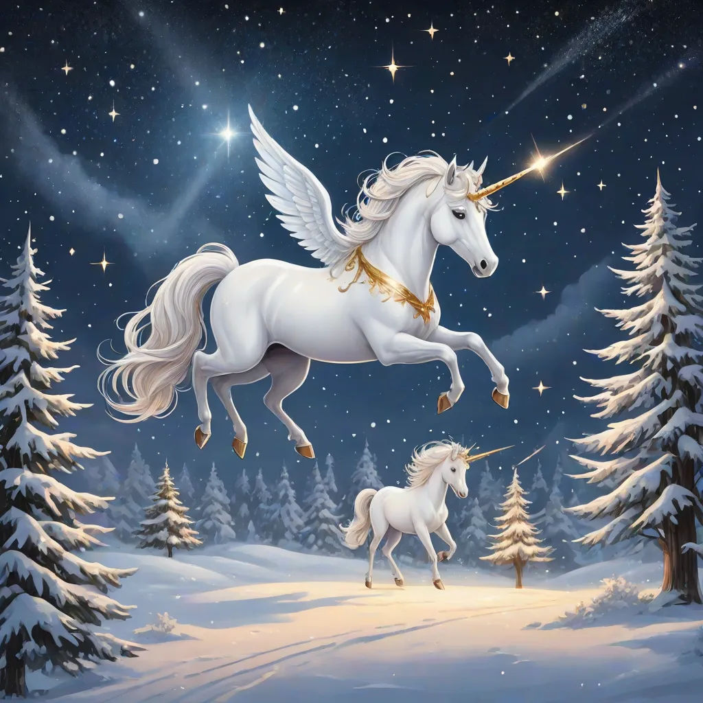 a painting of a unicorn and a horse in the snow with trees in the background and stars in the sky, a storybook illustration, Anne Stokes, magical realism, fantasy artwork