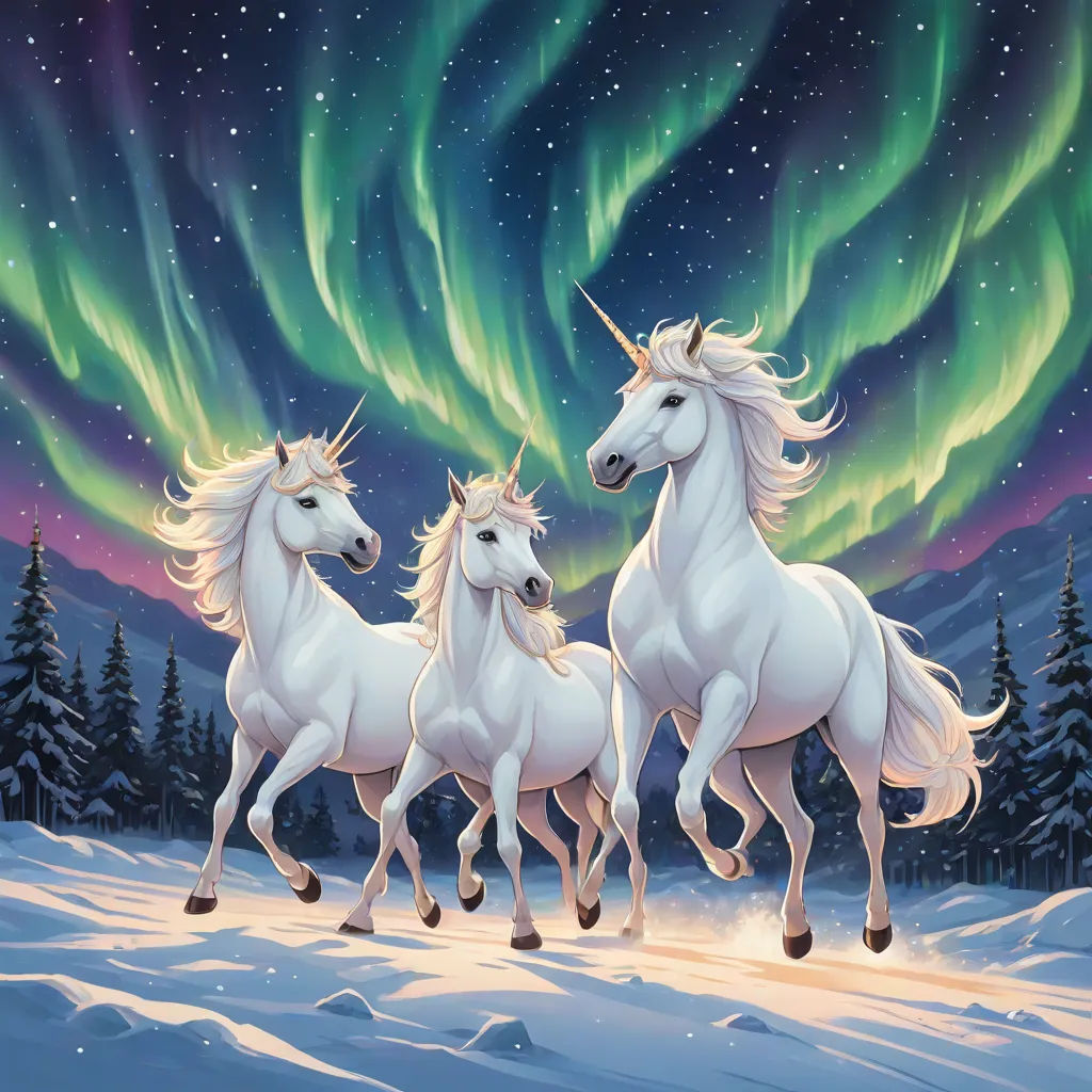 three white unicorns are running in the snow under the aurora bores in the sky above them are pine trees, a storybook illustration, Dan Mumford, fantasy art, rossdraws global illumination
