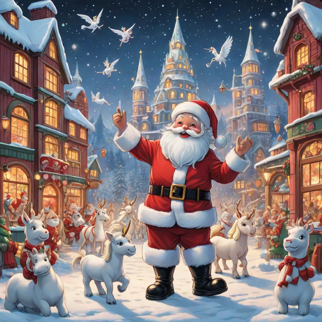 a painting of santa claus surrounded by christmas decorations and animals in a snowy town with a bird flying overhead, a digital rendering, Ernest William Christmas, naive art, thomas kindkade