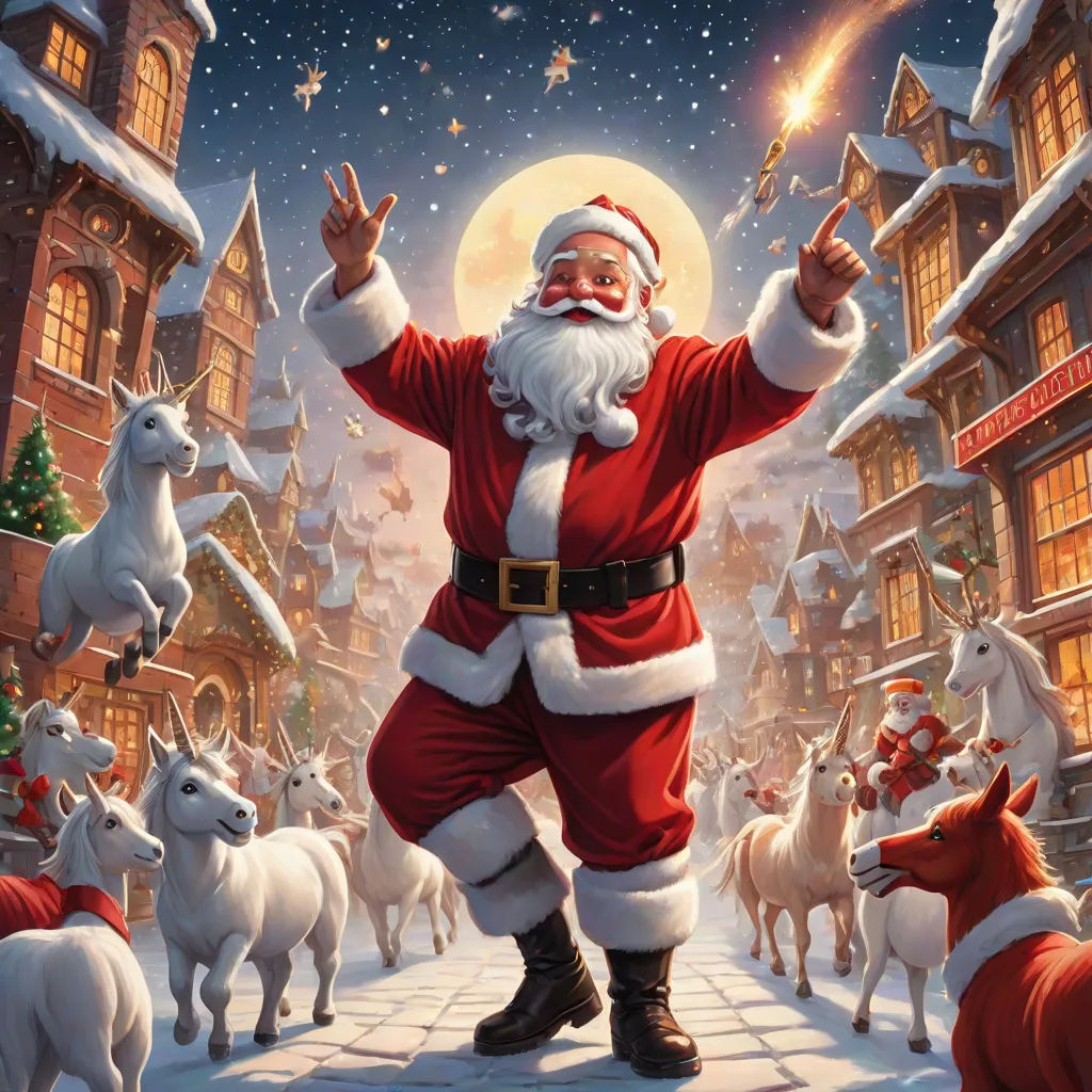 a painting of santa claus surrounded by christmas animals and a town at night with a full moon in the sky, a digital rendering, Ernest William Christmas, naive art, kinkade
