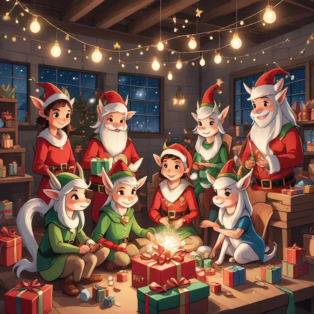 a group of elves sitting around a christmas present box with a lit candle in it and presents in front of them, a storybook illustration, Cliff Childs, furry art, official art