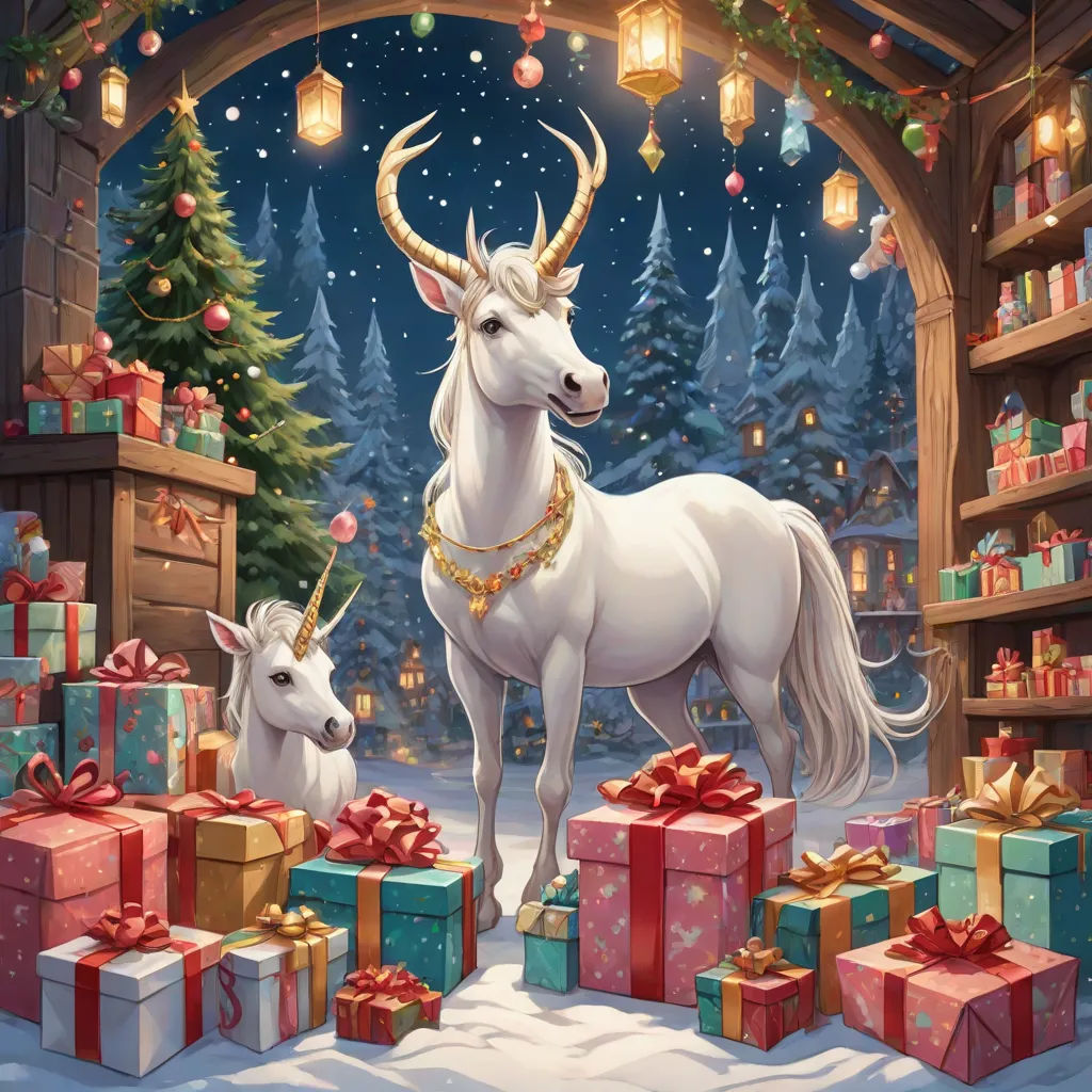 a white horse standing next to a christmas tree with presents under it and a christmas tree in the background, a storybook illustration, Anne Stokes, fantasy art, rossdraws global illumination