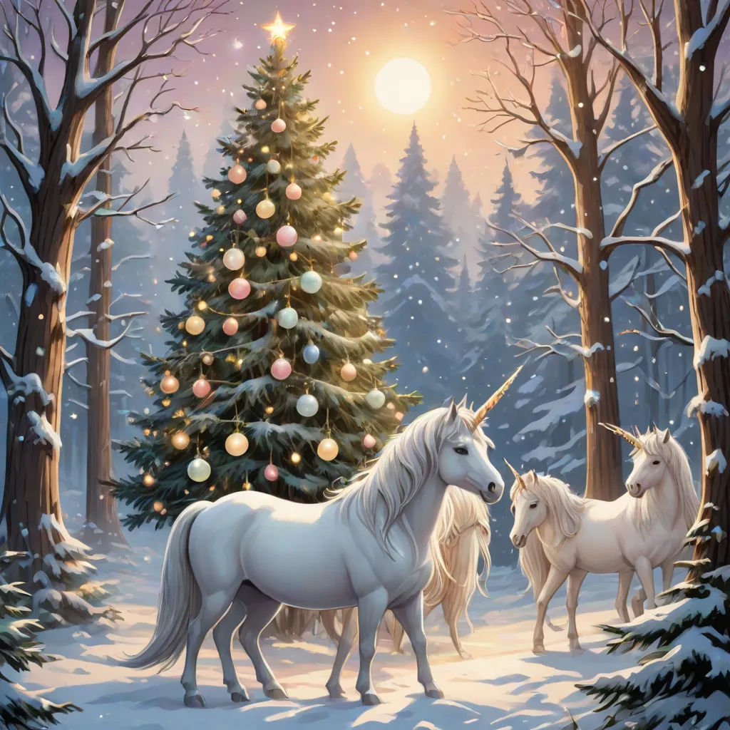a painting of two unicorns in a snowy forest with a christmas tree in the background and a christmas tree in the foreground, a storybook illustration, Anne Stokes, magical realism, magical atmosphere