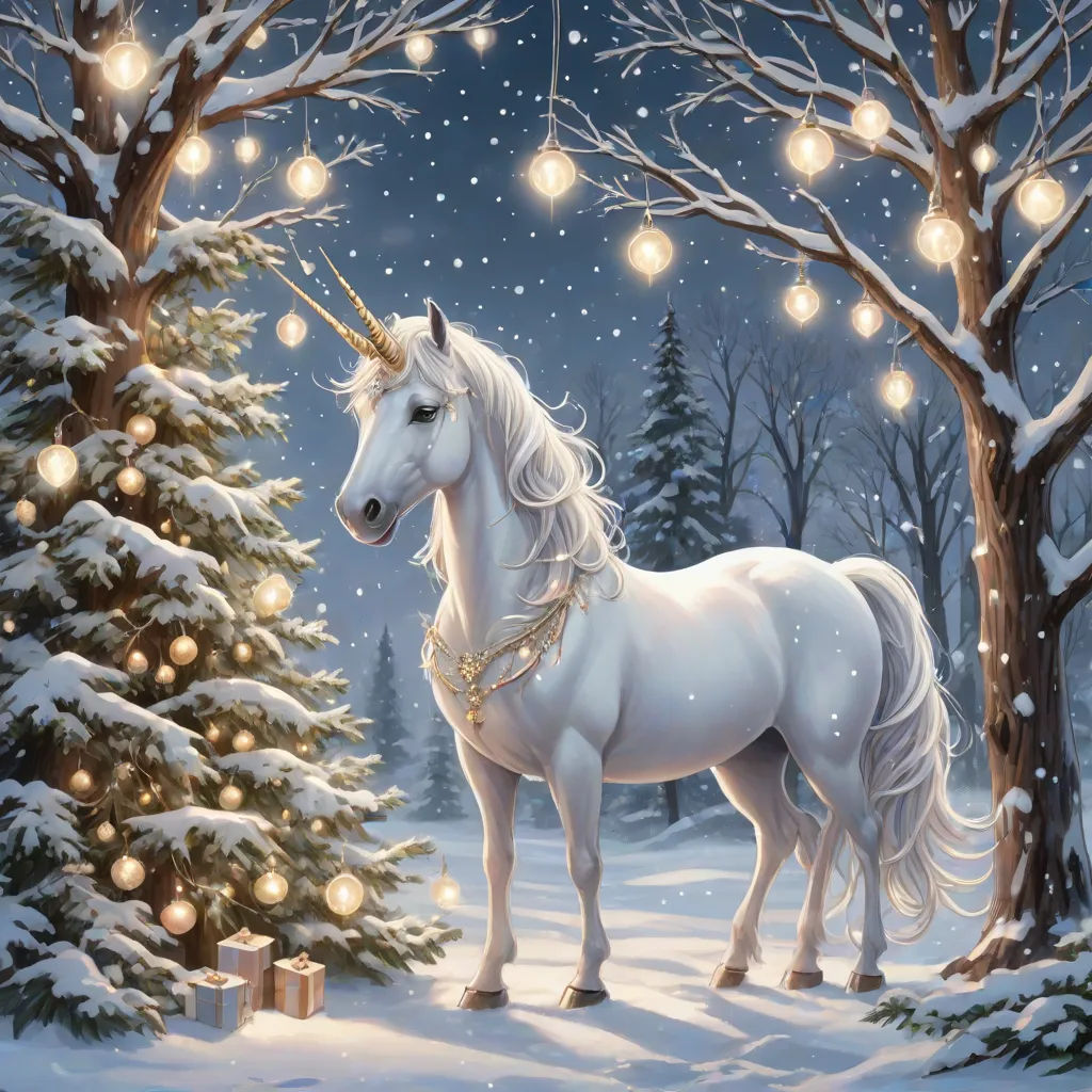 a white unicorn standing in front of a christmas tree with lights on it's head and a garland of lights hanging from its mane, a storybook illustration, Anne Stokes, fantasy art, rossdraws global illumination
