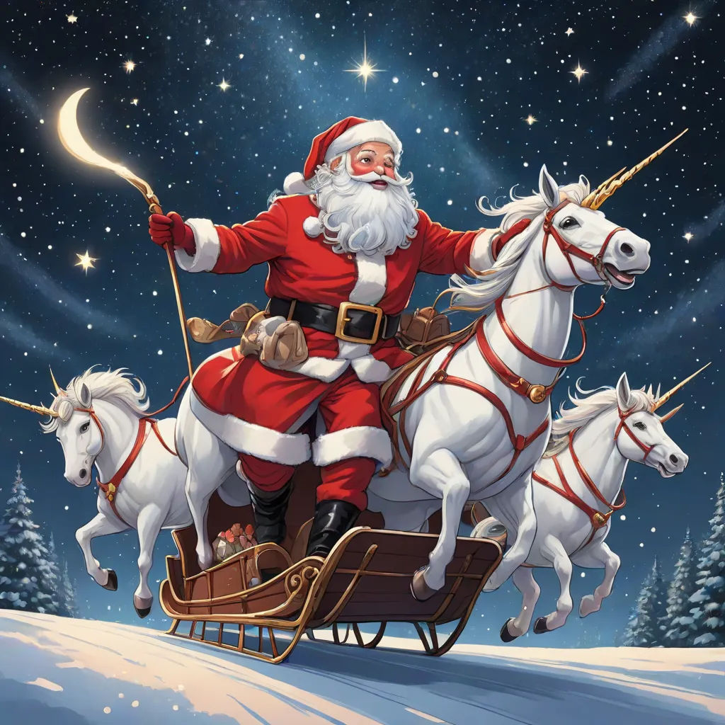 Then came the most exciting task, pulling Santa's sleigh. The unicorns were eager, their horns glowing brighter than ever. They took off into the starry night sky, leaving trails of light.