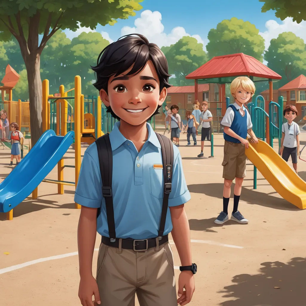 a boy in a school uniform standing in front of a playground with a slide and a playground set in the background, paris school, a storybook illustration, Chris LaBrooy, official art
