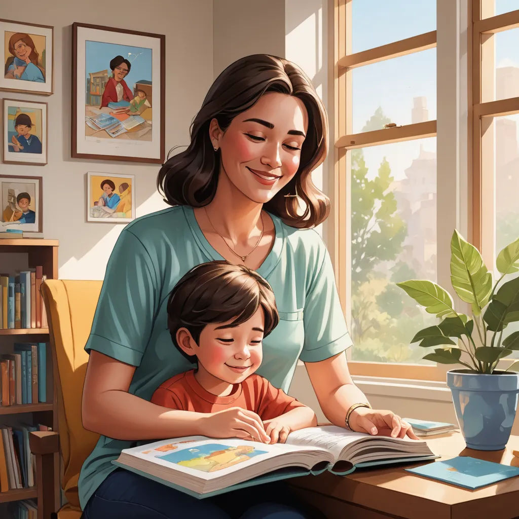 a woman and a child are reading a book together in a room with a window and a potted plant, american scene painting, a storybook illustration, Chris LaBrooy, storybook illustration