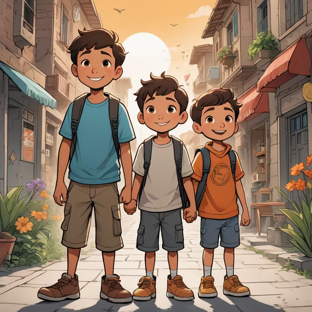 three boys standing in a street with a building in the background and a sun setting behind them, with a few buildings in the background, lyco art, concept art, Asaf Hanuka, rossdraws global illumination
