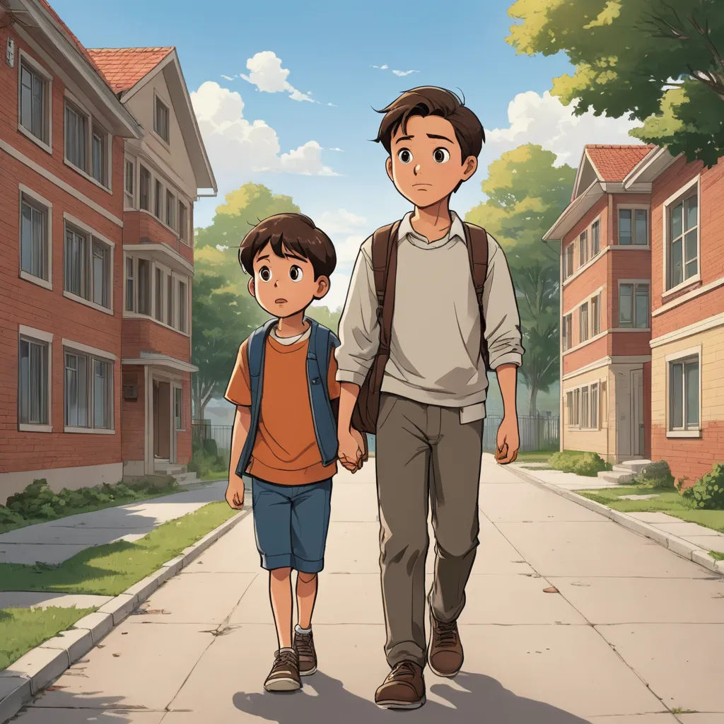 a boy and a boy walking down a sidewalk holding hands and looking at the camera with a building in the background, serial art, a storybook illustration, Adam Manyoki, official art