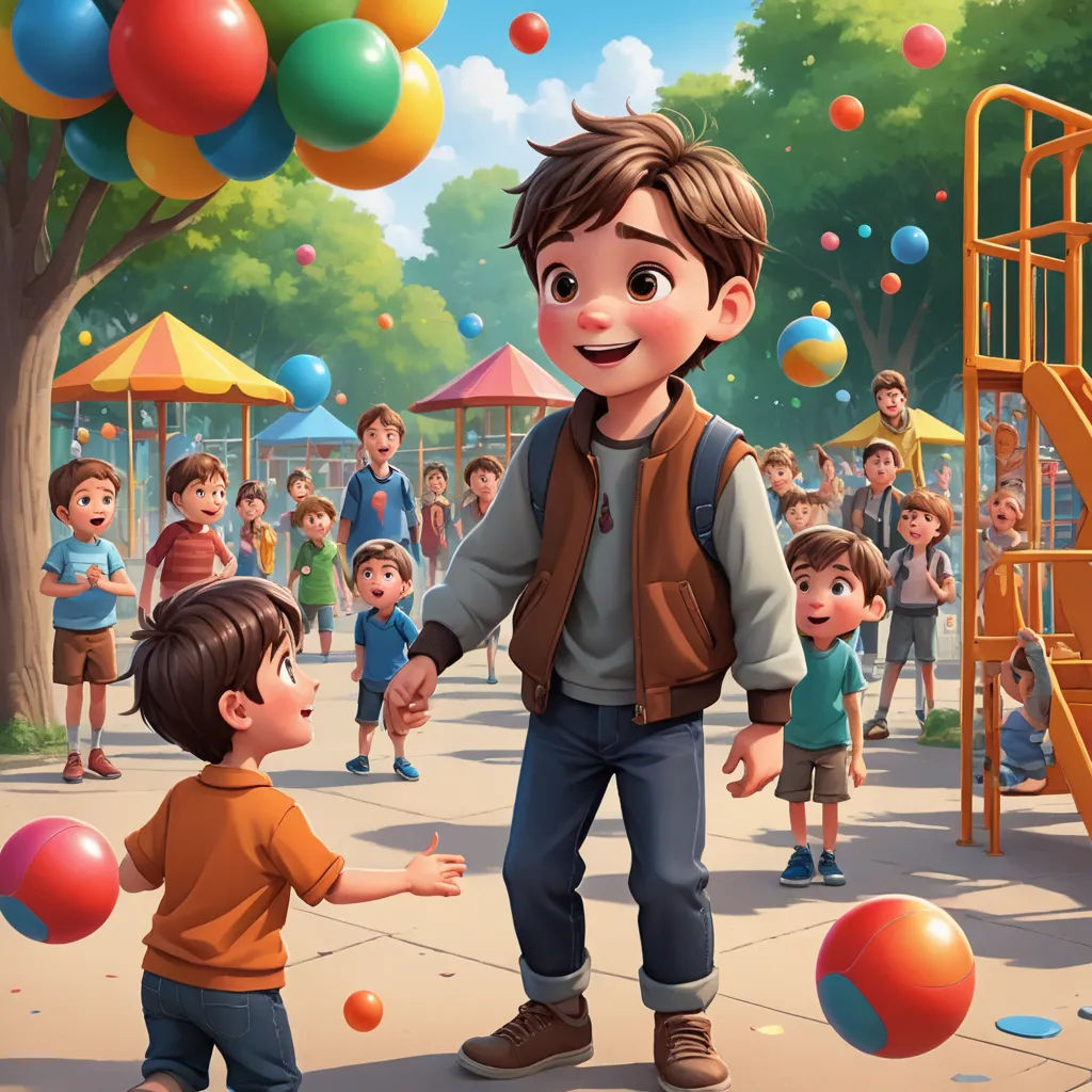a boy and a boy playing with balls in a park with a playground full of children and a playground with a play structure, american scene painting, a storybook illustration, Alejandro Burdisio, official art