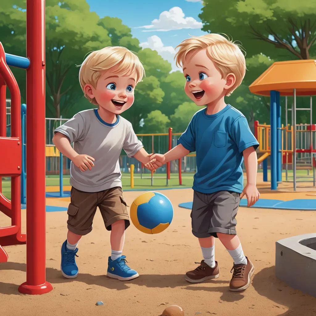 two young boys playing with a ball in a playground area with a playground structure in the background and a playground with a play structure, american scene painting, a storybook illustration, Brothers Hildebrandt, highly detailed digital painting