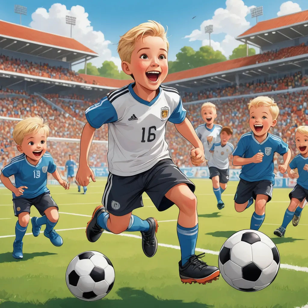 a cartoon of a boy playing soccer with other children in a stadium with a ball in front of him, photorealism, a storybook illustration, Alejandro Burdisio, official art