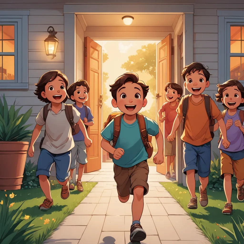 a group of children walking down a sidewalk towards a house with a light on and a boy in the middle of the picture, vancouver school, a storybook illustration, Brothers Hildebrandt, official art