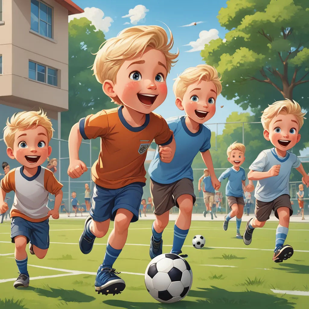 a group of children running around a soccer field with a ball in front of them and a building in the background, paris school, a storybook illustration, Brothers Hildebrandt, rossdraws global illumination