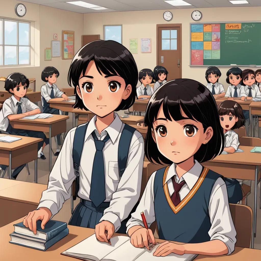 a group of children sitting at desks in a classroom with books and papers on them, with a teacher standing behind them, serial art, a manga drawing, Ayako Rokkaku, official art