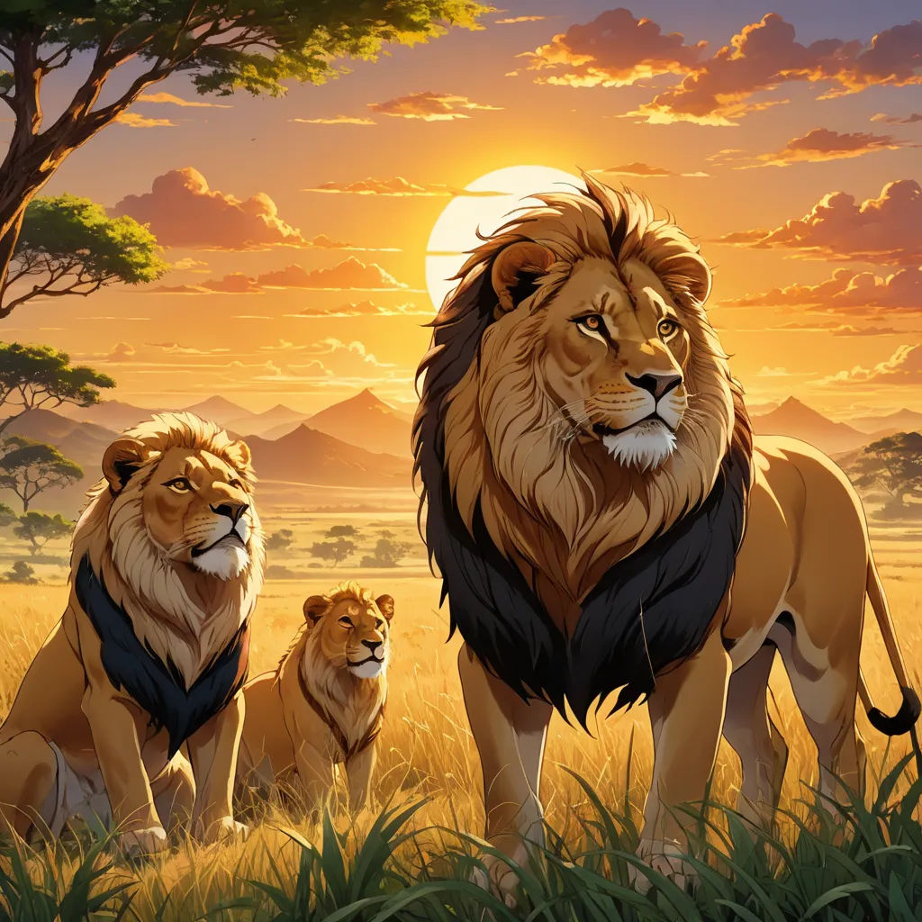 a painting of lions in a field with a sunset in the background and trees in the foreground, and a distant mountain range in the distance, lyco art, an airbrush painting, Brothers Hildebrandt, wildlife photography