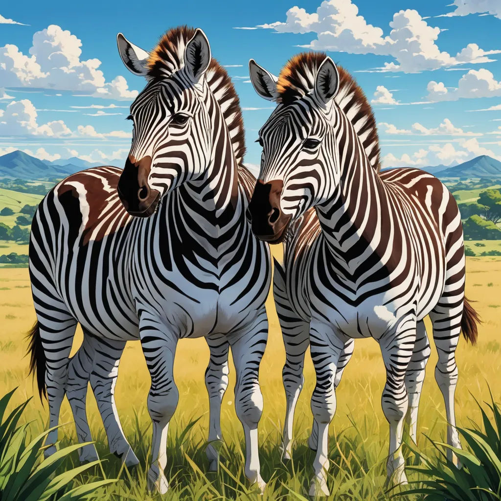 two zebras standing next to each other in a field of grass and grass with mountains in the background, fantastic realism, an airbrush painting, Brothers Hildebrandt, furaffinity
