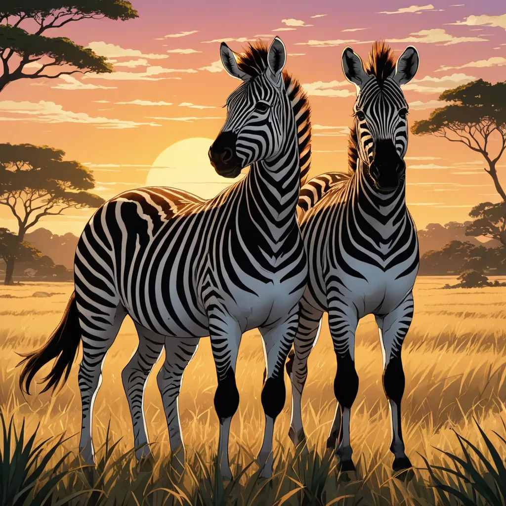 two zebras standing in a field with a sunset in the background and trees in the foreground, with a pink sky, naturalism, an airbrush painting, Brothers Hildebrandt, highly detailed digital painting