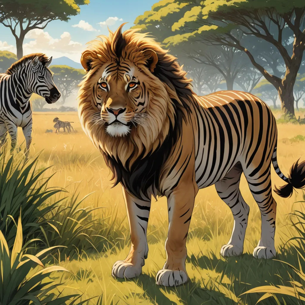 a painting of a lion and a zebra in a field of grass and trees with a sky background and a few clouds, furry art, an oil painting, Chris LaBrooy, furaffinity
