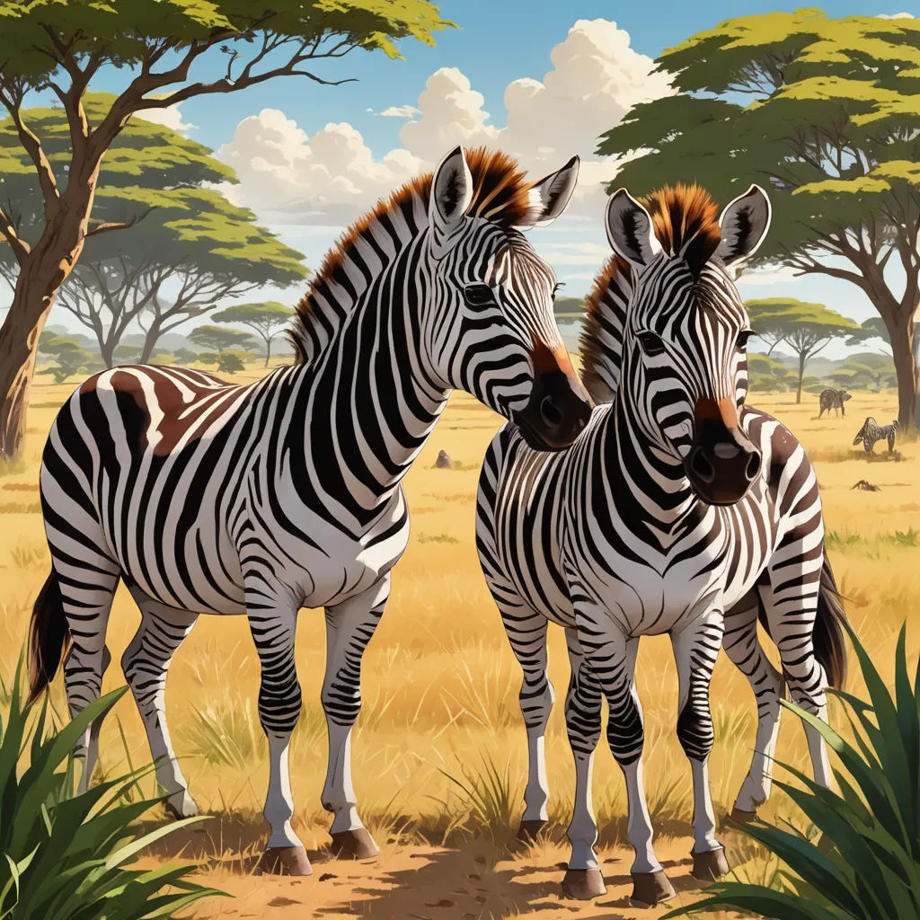 a painting of two zebras standing in a field of grass and trees with a sky background and clouds, furry art, an airbrush painting, Brothers Hildebrandt, furaffinity