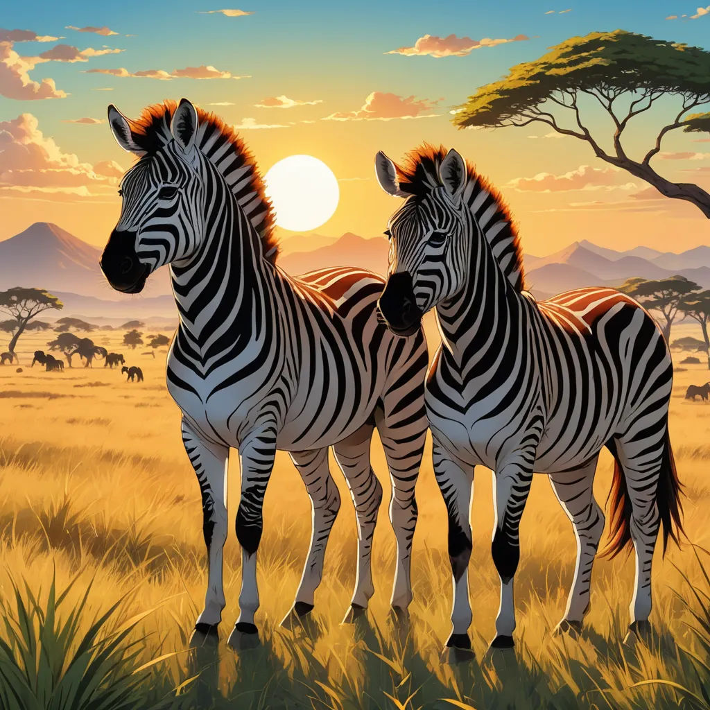 two zebras standing in a field with a sunset in the background and a tree in the foreground, fantastic realism, an airbrush painting, Brothers Hildebrandt, highly detailed digital painting