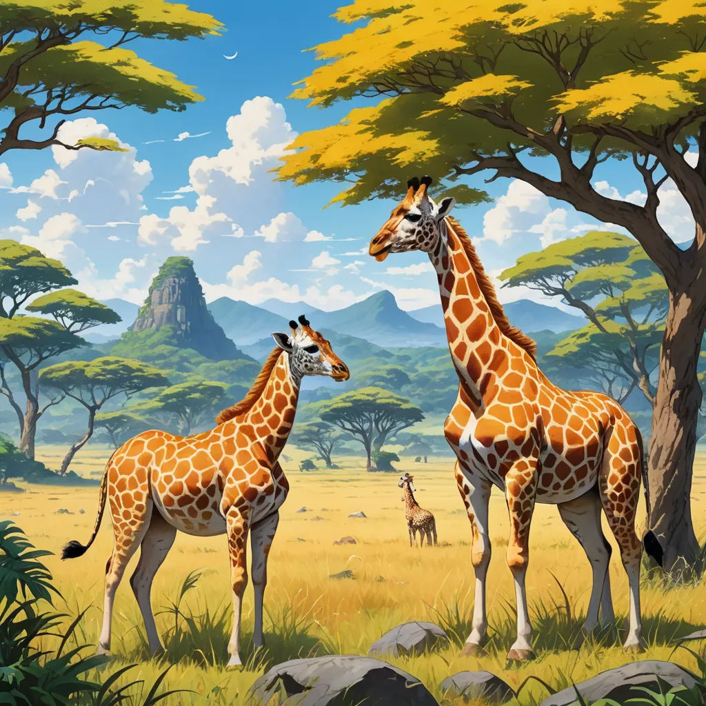 two giraffes standing in a field with trees and rocks in the background and a mountain range in the distance, naturalism, a detailed matte painting, Chris LaBrooy, highly detailed digital painting