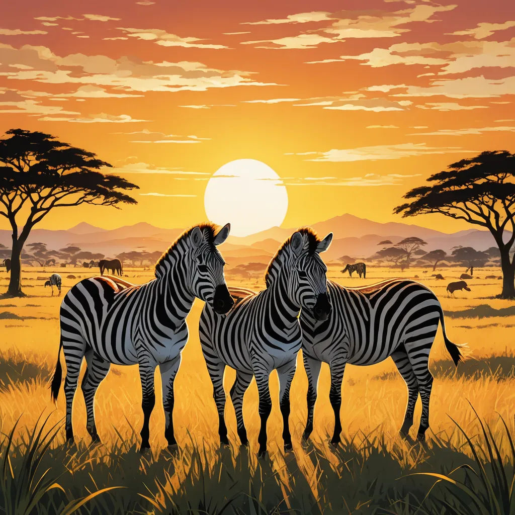 a painting of two zebras standing in a field at sunset with other animals in the background and a setting sun, naturalism, an airbrush painting, Brothers Hildebrandt, nature