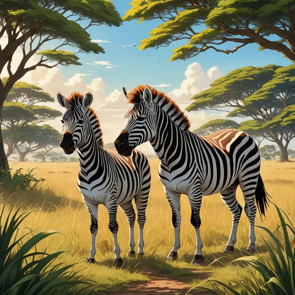 two zebras standing in a field with trees in the background and a sky with clouds in the background, american scene painting, an ultrafine detailed painting, Brothers Hildebrandt, furaffinity