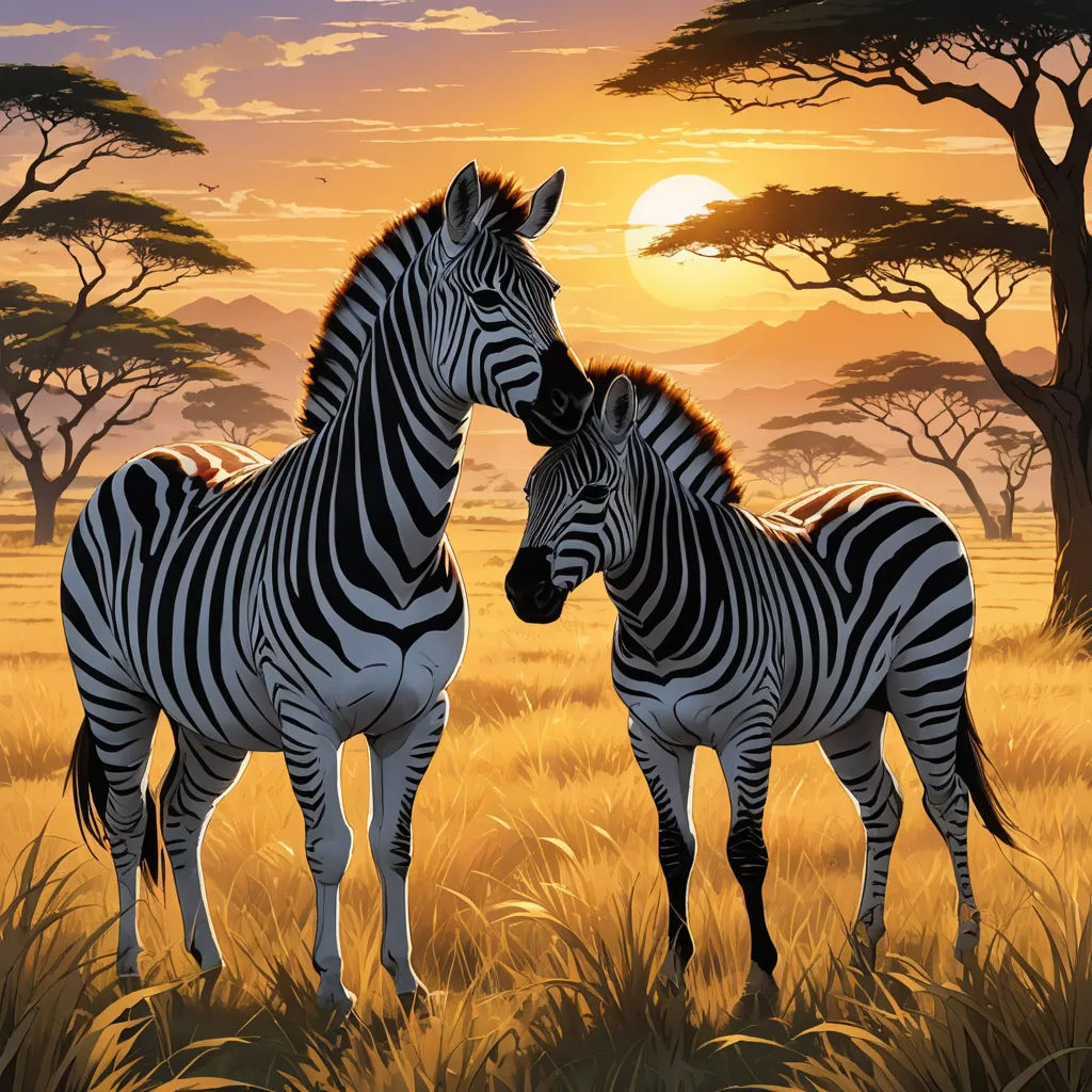 a painting of two zebras standing in a field of grass at sunset with trees in the background and a setting sun, naturalism, an airbrush painting, Brothers Hildebrandt, nature