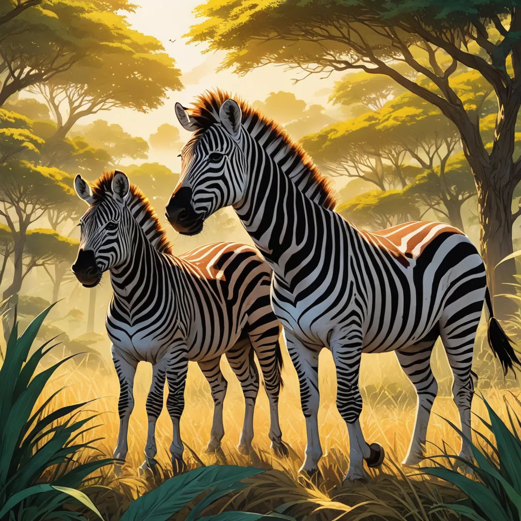 a painting of two zebras standing in a field of grass and trees with the sun shining through the trees, naturalism, an airbrush painting, Brothers Hildebrandt, furaffinity
