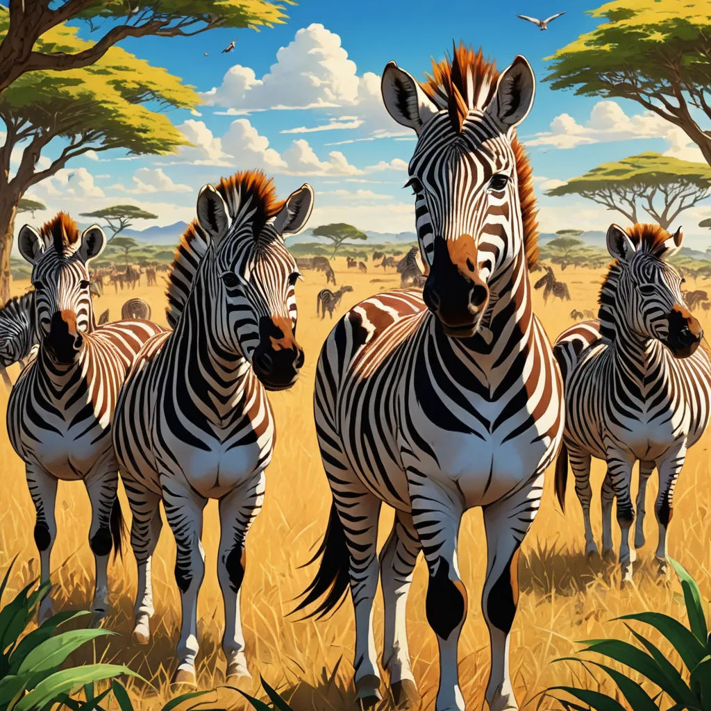 a group of zebras standing in a field of grass and trees with a sky background and a bird flying overhead, fantastic realism, an airbrush painting, Chris LaBrooy, highly detailed digital painting
