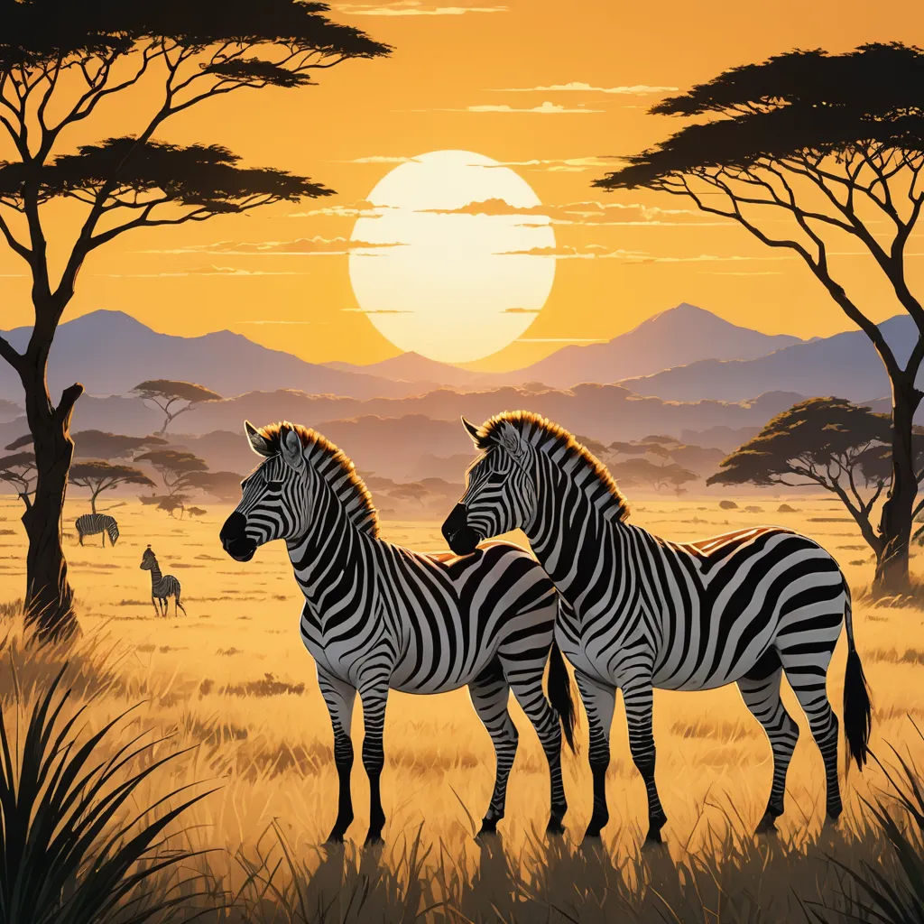 a painting of two zebras standing in a field with a sunset in the background and a person in the distance, naive art, an airbrush painting, David Martin, highly detailed digital painting